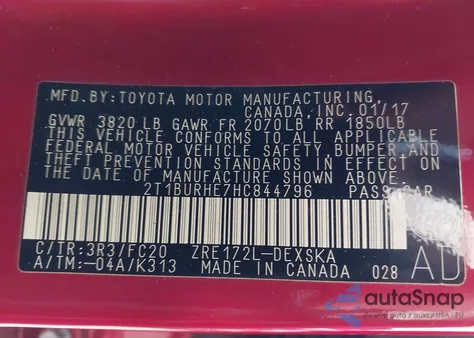 2017 Toyota Corolla Se из США, поврежденный, VIN 2T1BURHE7HC844796